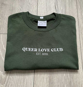 LGBTQ clothing and accessories. Pride outfits, pride t-shirts, queer love club green tshirt, unisex clothing, genderless clothing